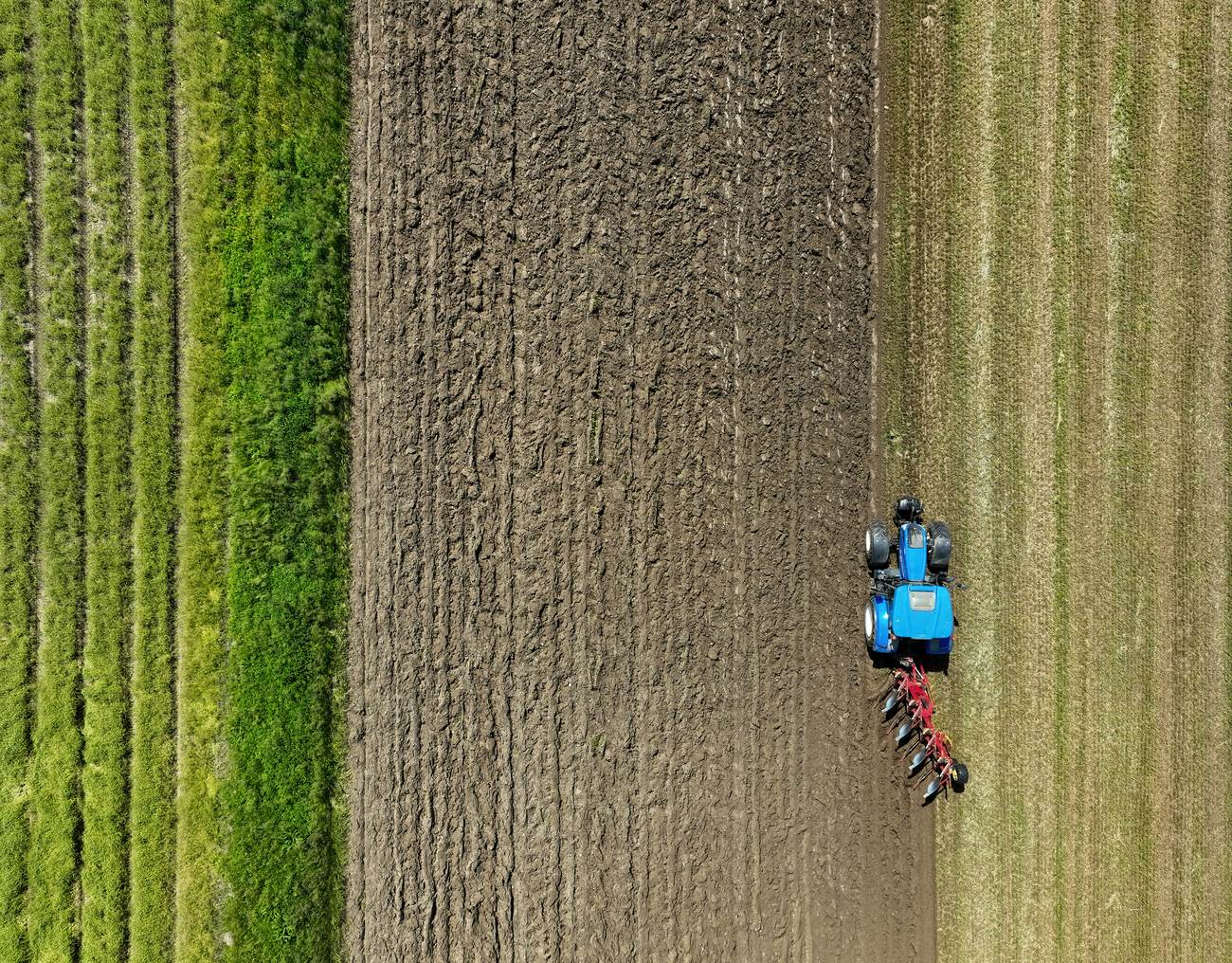 Traktor beim Pflügen eines Feldes, Luftaufnahme (Beispielfoto)